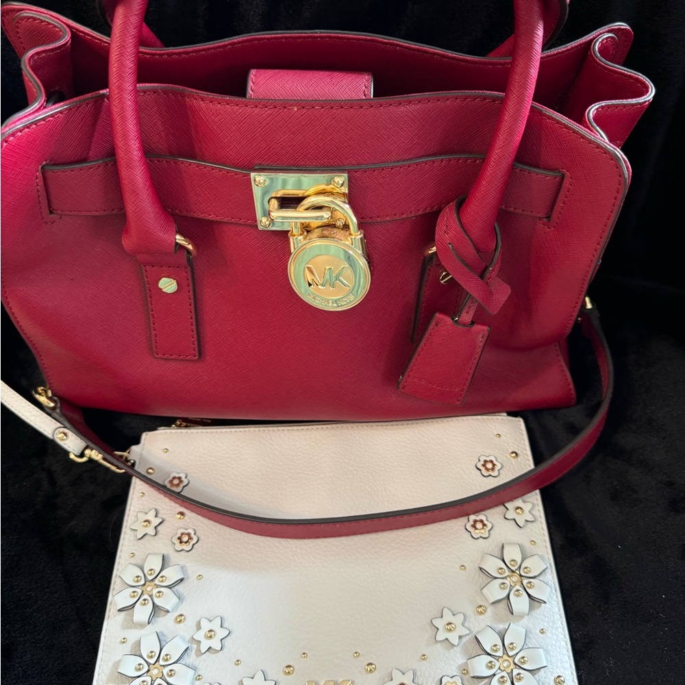 Michael Kors Red Leather Satchel with Double Handles, Strap,  & Floral Wristlet.